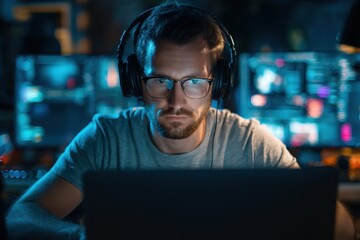 Image of attractive Indian software developer and gamer in headset focused on laptop at desk set in a high tech neon environment with multiple screens