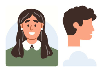 Two simplified portraits smiling woman with long hair and collared top, and short-haired male side profile. Ideal for identity, diversity, communication, team, community, profile design. Simple flat