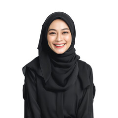 Smiling woman wearing black hijab, exuding warmth and confidence, stands against plain background. Her joyful expression radiates positivity