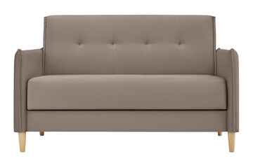 Modern taupe sofa with wooden legs and button-tufted backrest isolated on transparent background