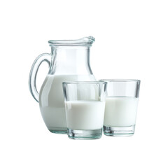 Fresh milk in glass pitcher with two clear glasses filled with milk, creating refreshing and inviting scene