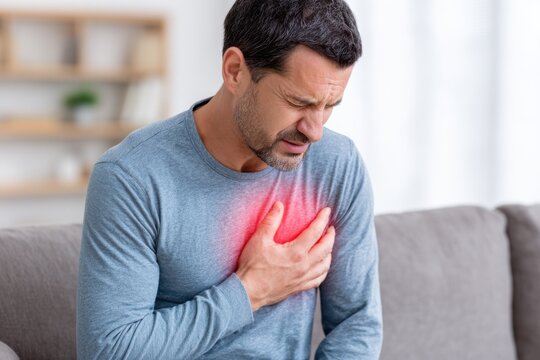 Man holding his chest in pain, experiencing discomfort, possible heart attack symptom.