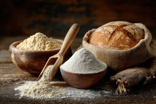 Baking yeast options dry pressed and sourdough on an oak table beside warm bread during quarantine