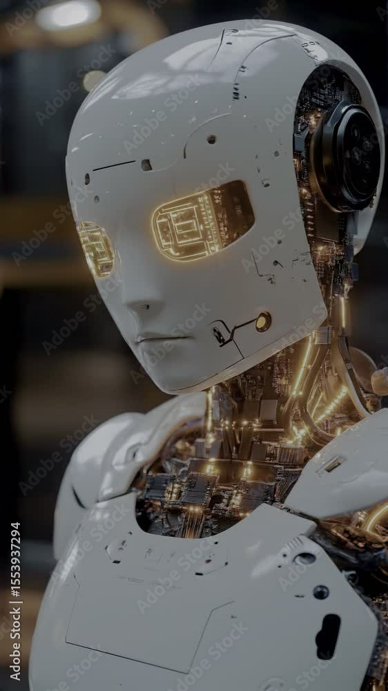Poster intricate design of a futuristic robot with glowing features and detailed circuitry.