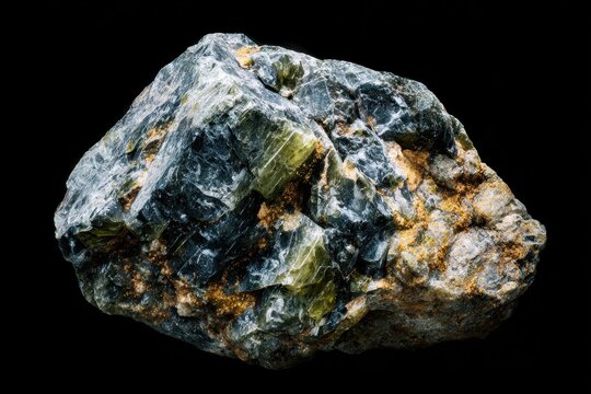 Molybdenum embedded in chlorite from Ural Russia Image of the stone on a black background Suitable for geology or mineralogy sites stone catalogs and natural science displays