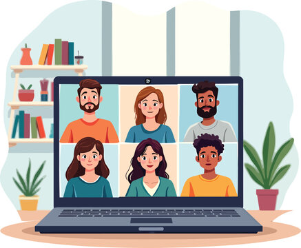 Online meeting video conference call on laptop with diverse group of people illustration vector art