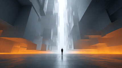 Businessman stands center of abstract urban landscape, surrounded by towering geometric structures and misty atmosphere, evoking sense of solitude