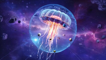 Fototapeta premium Jellyfish in Space Nebula with Planets and Asteroids