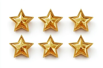 Collection of five isolated gold stars on a white backdrop Realistic vector illustration of gold stars