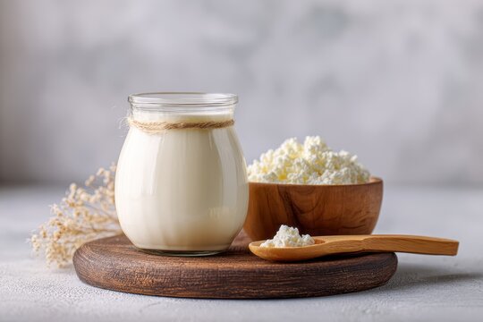 Lactose free yogurt kefir and fermented milk on a light backdrop Wholesome clean diet Vegan or gluten free options