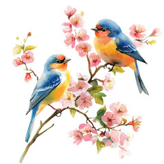 Colorful Finches Blooming Branch, watercolor drawing vector, isolated on a white background.