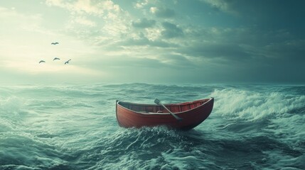 Red boat turbulent sea