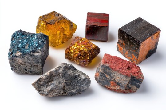 collection of diverse natural minerals titanium ores knopite perovskite titanite sphene ilmenorutile rutile on white background