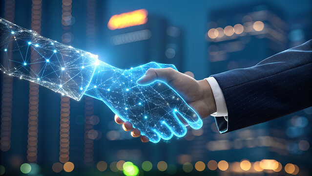 Digital and Human Handshake with Cityscape Background