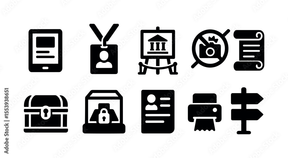 Poster office essentials solid icon set. document, id badge, printer in a solid style collection