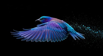 Vivid aviary elegance: a colorful bird in mesmerizing flight against pure darkness