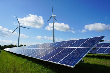 Solar panels and wind turbines under blue sky