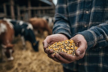 Farmer feeds cows with a blend of organic corn and wheat in the barn
