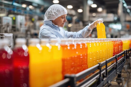 Factory worker inspects juice bottles on the conveyor for quality control