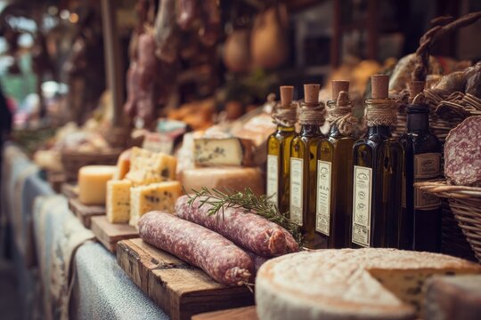 Farmers market booth selling cheese sausage and extra virgin olive oil