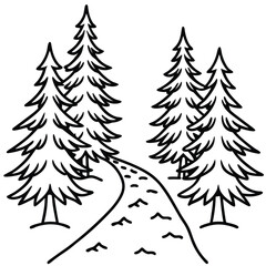 Detailed line art illustration of pine trees lining a snow covered forest path