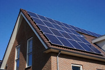 Fototapeta premium Solar panels on a modern house roof, clean energy future