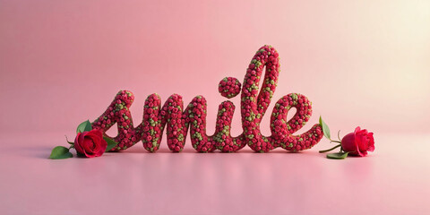 "Elegant floral lettering spelling 'smile' with vibrant red roses and lush green leaves on a pink gradient background, evoking joy, romance, and natural aesthetic charm."