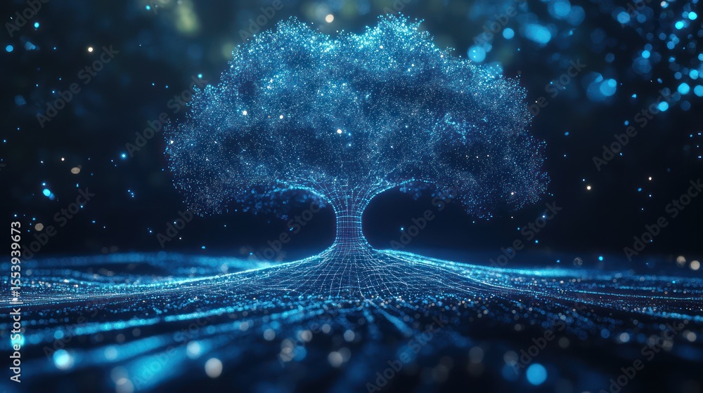 Aufkleber digital luminescence tree of life with glowing particles and mesh ground plane