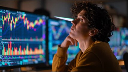Disappointed investor looking at falling stock market data on multiple screens, showing financial loss and economic downturn. Ideal for finance, investment, and trading crisis themes - Powered by Adobe