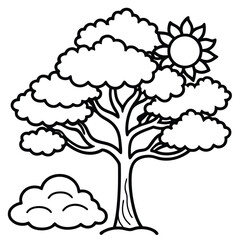 Simple line art of a tree with a bright sun and fluffy clouds
