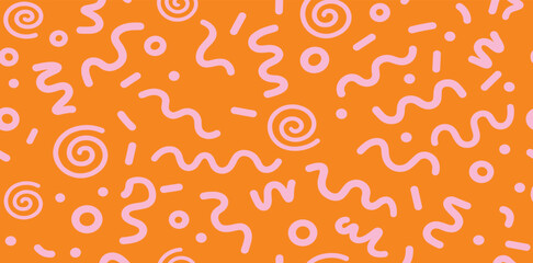 Memphis geometric seamless pattern. Multicolor abstract background in retro 80s, 90s style with various shapes: circles, dots, zigzags, spirals, wavy lines. Bright orange pink cute kid doodle design.