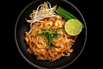 Pad Thai Thai style fried noodles with lime and spices visual in dark tones on a black background