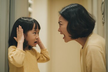 Furious Asian mom scolding her defiant daughter over domestic abuse idea