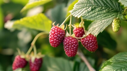 Ripe Raspberries on Vines