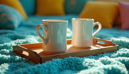 Coffee Mugs on a Bed with Soft Blanket Weekend Vibes concept