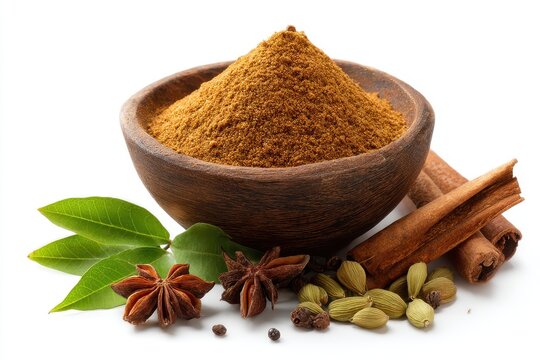 Garam masala spice blend for vegetarian or meat dishes isolated on white