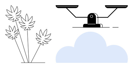 Balance scale hovering over a cloud beside stylized cannabis plants. Ideal for justice, sustainability, law, decision-making, environment, agriculture, health. Minimalist flat metaphor