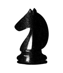 Black chess knight.Black knight piece with noise effect.Retro print style chess knight