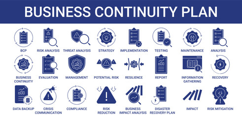 Business Continuity Plan icon pack with analysis, evaluation and management icon