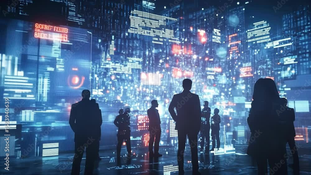 Poster silhouetted businesspeople observing a captivating visualization of futuristic cyberspace data flow,