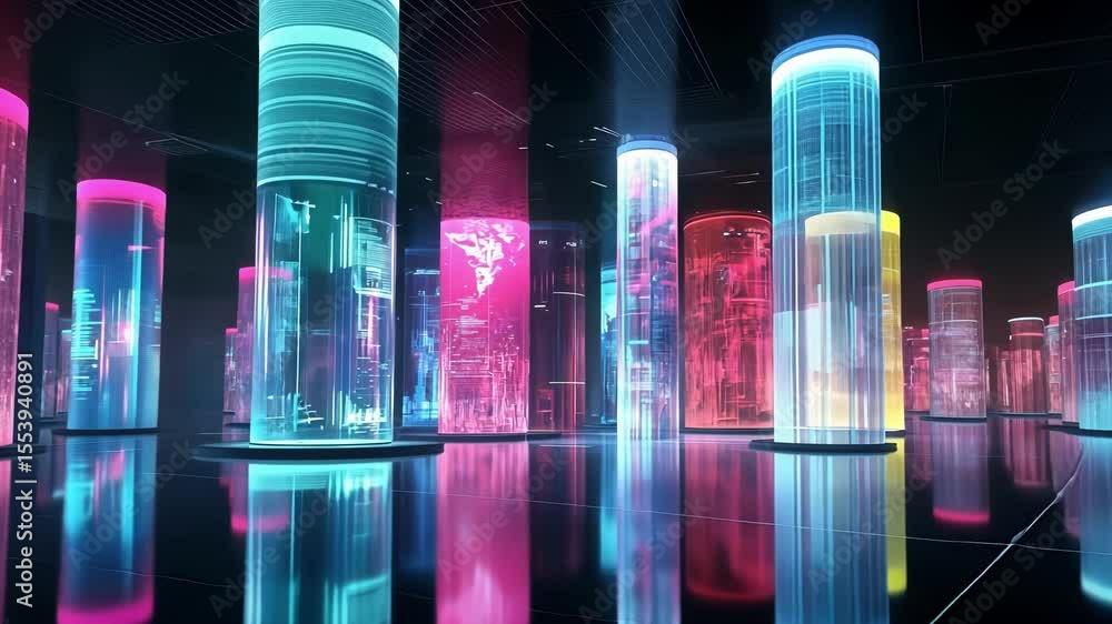 Poster holographic cylinders displaying digital code, world maps, and futuristic interfaces create an immer