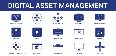 Digital Asset Management icon pack with blockchain, content and digital asset icon