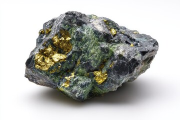 Close up shot of a geological specimen featuring rough green Glaucophane with Molybdenite Pyrite and Magnetite on a white backdrop