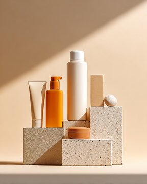 Still Life of Skincare Products with Modern Packaging on Beige Pastel Background in Morandi Tones and Soft Light