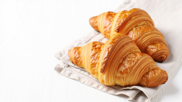 Croissants sobre tela en fondo blanco. Panader&iacute;a tradicional. 