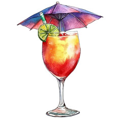 watercolor of Cold Tropical Smoothie Umbrella, vector, isolated on a white background.