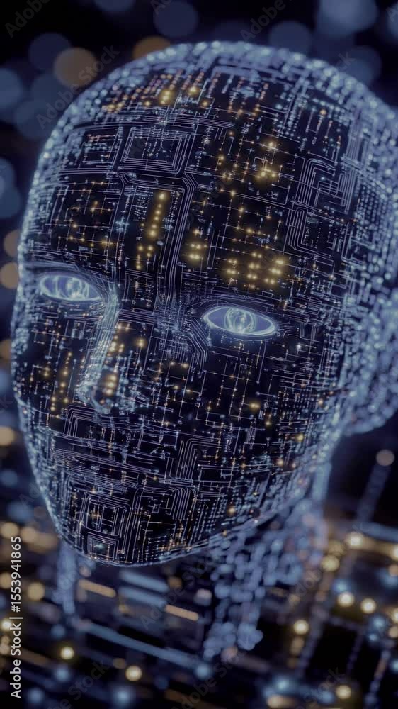 Aufkleber intricate circuit patterns form a futuristic robot face with glowing blue eyes.