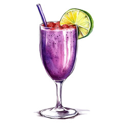watercolor of Cold Tropical Smoothie Umbrella, vector, isolated on a white background.