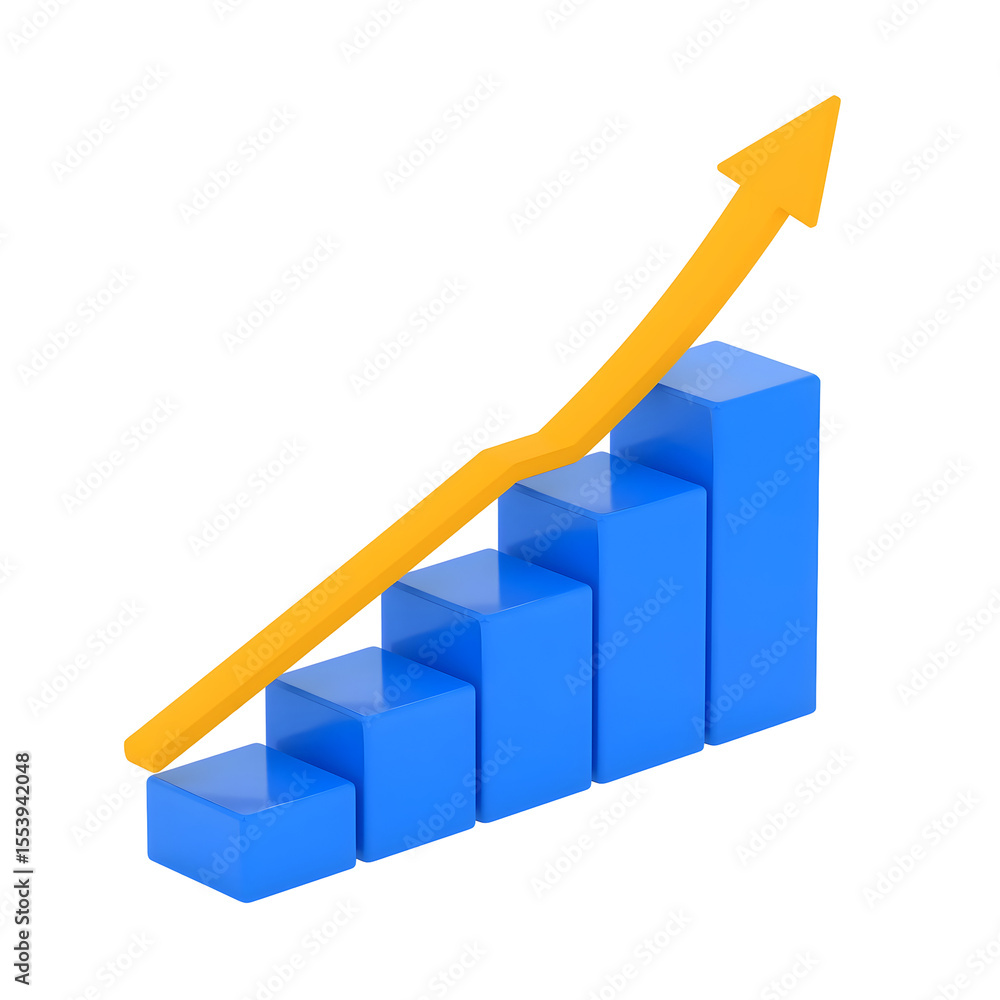 Poster blue bar graph with upward trending yellow arrow isolated on a transparent background chart
