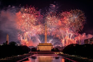 Naklejka premium Majestic fireworks display over iconic washington monument at night